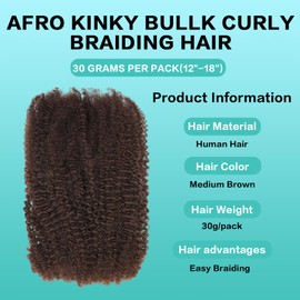 Humistwbiu Afro Kinkys Bulk Human Hair for Dreadlocks Extensions 30g/Pack Repair Locs/Twists/Braids 4C Afro Kinky Curly Human Hair Medium Brown 16 Inch 4#