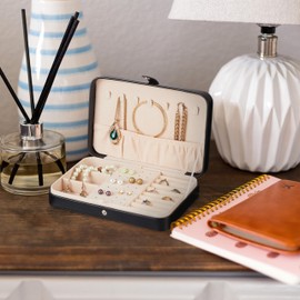 Relaxdays Jewellery Box, Jewellery Storage, Rings, Earrings & Chains, Travel Jewellery Case, HBT 4.5 x 21 x 14.5 cm, Black