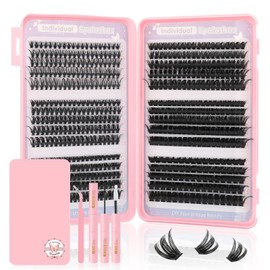Kiusatig Individual Eyelashes Kit 580pcs Cluster Lashes with Bond&Remover, Tweezer D Curl Individual Cluster 30D-100D Natural False Eyelashes Strip Lashes Book