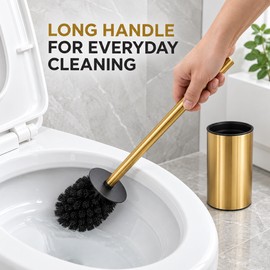 Gold Stainless Steel Toilet Brush and Holder Set with Long Handle and Round Freestanding Base