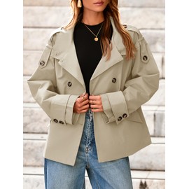 Tankaneo Womens Short Trench Coat Oversized Double Breasted Stand Collar Cropped Jacket Fall Casual Work Outerwear