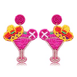 Boderier Cinco De Mayo Beaded Earrings Tropical Drink Cocktail Glass Sombrero Hat Earrings Mexico Holiday Jewelry (Hot Pink)