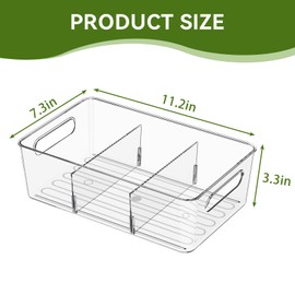 6 Pack Clear Organizer Bins, Refrigerator Pantry Organizers with Removable Dividers for Fridge, Kitchen, Cabinet, 11.2" Long