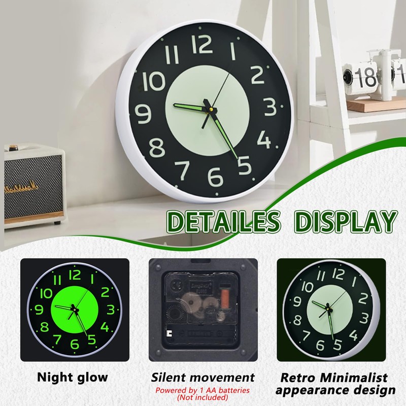 Oxmidud 12 Inch Glow in the Dark Wall Clock,Battery Operated
