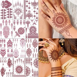 XMASIR 12 Sheets Brown Tattoos Sticker For Women Girls, Waterproof Fake Tattoos Temporary Lace Tattoo Kits, Lotus Mandala Flower Temporary Tattoos Neck Chest Arm (Brown)