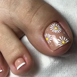OHWODA Daisy Flower Press on Toenails Short Square Fake Toe Nails Glossy Nude White French Tips Artificial Toenails Summer Glue on Toenails Reusable Stick on Toe Nails for Women and Girls, 24Pcs