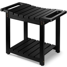 BLUEWEST Shower Bench Seat with Storage Shelf, Natural Wood Shower Benches for Inside Shower to Sit on, Waterproof Bathroom Spa Bench Stool for Legs Shaving with Built-in Handle & Shower Head Holder