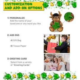 DolliBu Super Soft Sitting Buffalo Stuffed Animal with Green Plush Shamrock, Cute Green Shamrock Plush, St Patricks Day Stuffed Animal Buffalo, Good Luck St Patricks Day Toys for Kids, Baby - 8.5 Inch