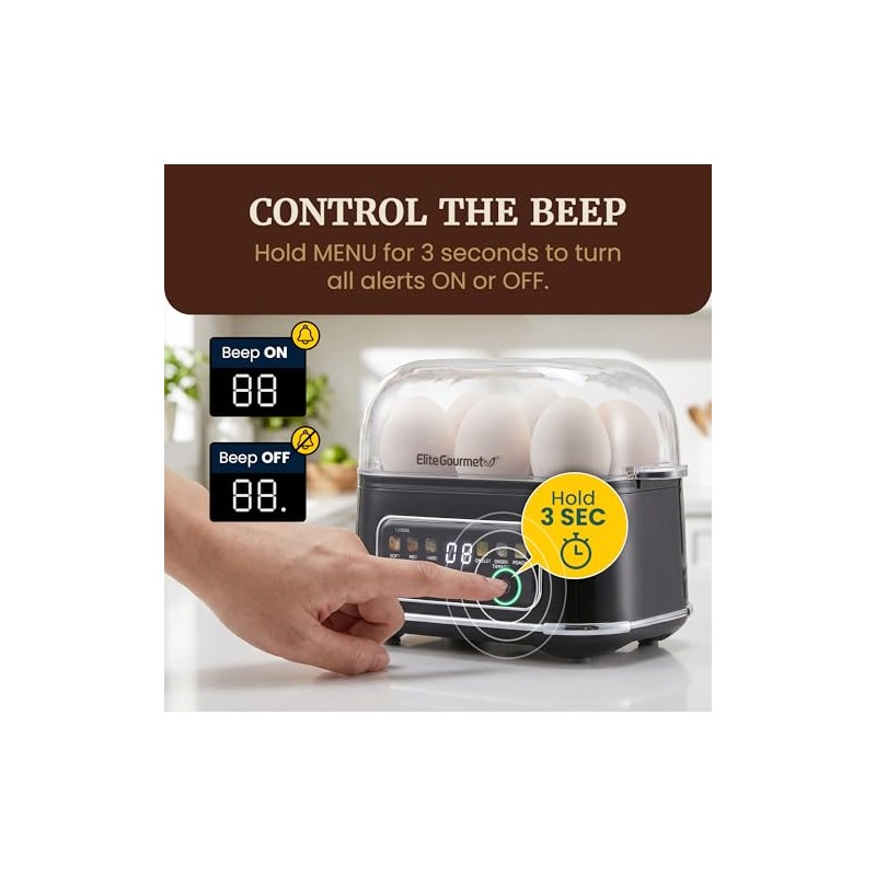 Elite Gourmet Digital Egg Cooker, 6 Egg Capacity, Soft/Medium/Hard Boiled,