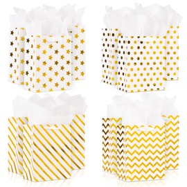 PASEOTA 9” Gift Bags Set of 12 - Include Tissue Paper, Cards, Envelopes & Stickers, White Metallic Gold Gift Bags with Handles for Birthday, Wedding, Bridal Shower, Christmas