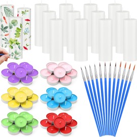 MTLEE 84 Pcs DIY Candle Painting Kit Include 12 White Pillar Candles 60 Colored Tealight 12 Paint Brushes for DIY Crafts Birthday Wedding Party Centerpiece(2"x6")