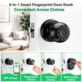 Evanshow Smart Door Knob Fingerprint Lock 4-in-1 Keyless Entry (Fingerprint/App/Code/Key) Biometric Door with Auto-Lock Easy Install for Home/Bedroom/Office