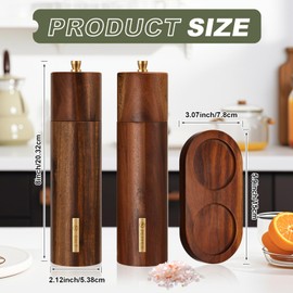 LOYIM Wooden Salt and Pepper Grinder Set 8 Inch Manual Salt and Pepper Mill with Tray Adjustable Coarseness Refillable Wood Grinders with Gold Bottle Label for Kitchen Christmas Home Gift(Wood Color)