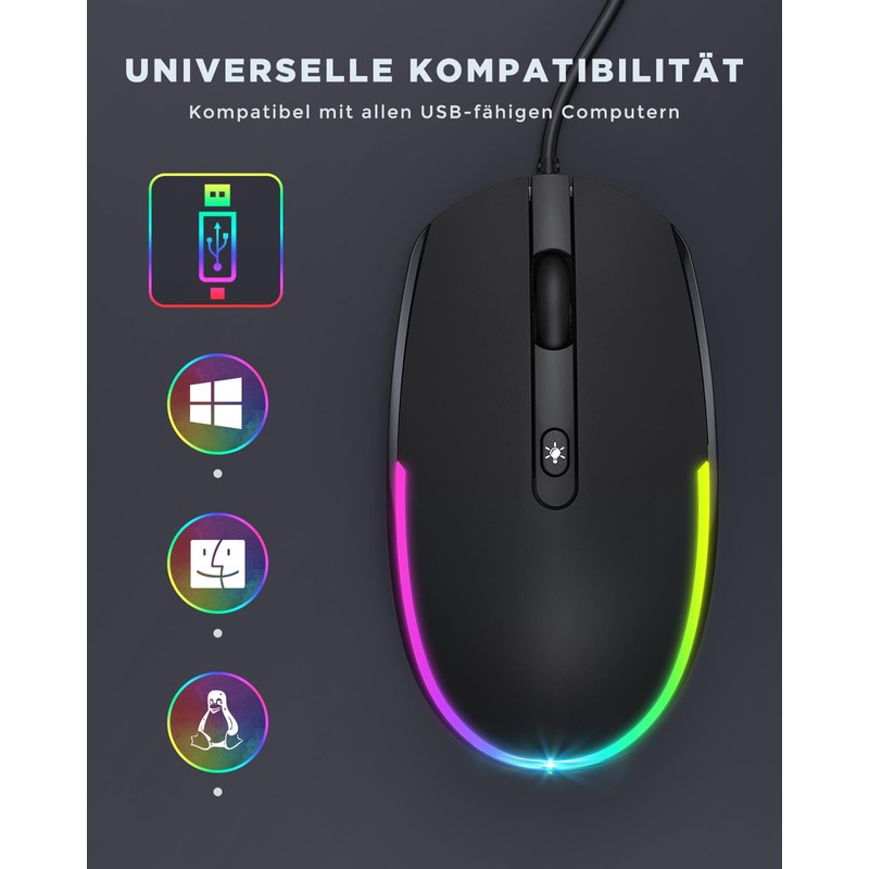 seenda Maus mit Kabel, PC Computermaus mit Kabel, 1600 DPI