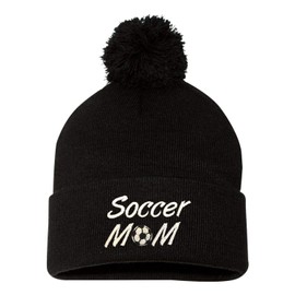 Go All Out One Size Black Pom Soccer Mom Embroidered Knit Beanie Pom Cap