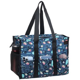 ABAMERICA Nurse Bags for Work Nursing Bag Multiple Pockets Waterproof Organizing Zip Top Clinical Bag for Nursing Students, B14- Nurse Navy Heart Floral, Medium
