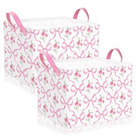 JarThenaAMCS 2Pcs Pink Bow Flower Storage Basket Watercolor Storage Bin with Handle Coquette Fabric Container Box for Bedroom Shelves Closet