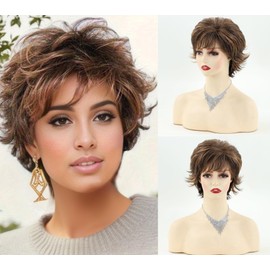 TISHINING Layered Short Brown Pixie Cut Wigs for White Women Dark Brown Mixed Blonde Curly Wig with Bangs Synthetic Natural Looking Daily Party Wig
