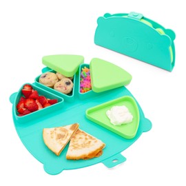 321 GROW On-The-Go Snack Mat – Baby Silicone Travel Dining Placemat – Portable Silicone Toddler Plate – Reusable Snack Container with 3 Compartments and Lids for 6 Months + (Aqua)