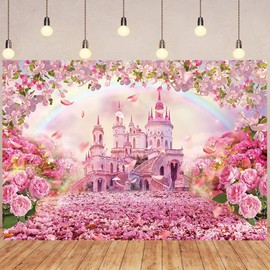 DORCEV 12x10ft Pink Dreamy Castle Photography Backdrop for Kid Girl Birthday Party Decor Banner Cartoon Spring Romantic Floral Rainbow Flower Road Photo Background Wedding Baby Shower Decor Supplies