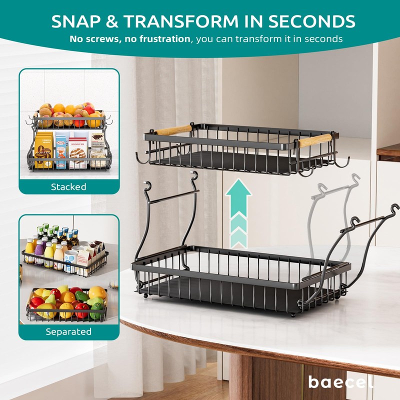 baecel 2 Tier Fruit Basket with 4 Banana Hangers, Premium