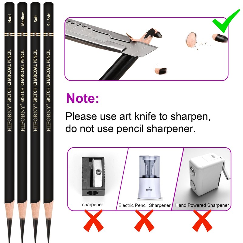 HIFORNY 12 Pieces Charcoal Pencils Drawing Set - Super Soft,Soft,Medium