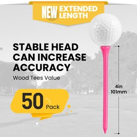 FINGER TEN Golf Tees Wood Long 4 Inch Value 50 Pack, Stylish USA Flag & Pink Bright Color Tall Bamboo Tees with Striped Design for Consistent Height & High Visibility (Pink, 4 Inch)