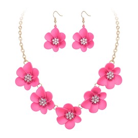 Ever Faith Hot Pink Flower Necklace for Women, Summer Boho Floral Flower Choker Necklace with Earrings Holiday Flower Jewellery