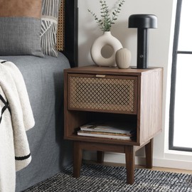 SAFAVIEH Home Collection Ceu Walnut/Gold 1-Drawer 1-Shelf Nightstand, Bedside Accent Table, Ideal for Bedroom, Guest Room, Office, Living Room