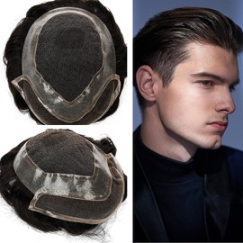 Toupee For Men Hair Replacement System Swiss lace Men Toupee European Human Hair HD Lace Hair System Poly Skin PU Around Men Hair Piece. (1B# Off Black, 8x10"-100% Light Med-Light Density)