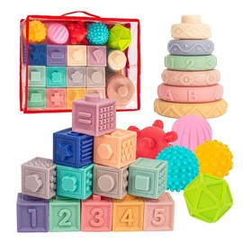 Juguetes Montessori para Bebés de 6 a 12 Meses, Juguetes para Bebés de 6 a 12 Meses, Incluyendo Bloques Apilables, Juguetes Blandos para la Dentición y Pelotas Sensoriales para Niños Pequeños