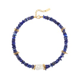 PEARLADA Chunky Statement Lapis Lazuli Necklace, Big Baroque Pearl Gold Choker, Trendy Boho Blue Beaded Stone Jewelry