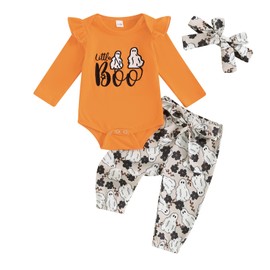 MERSARIPHY Newborn Baby Girl Fall Outfit Cute Ribbed Ruffle Long Sleeve Romper Daisy Floral Pants Set Winter Infant Clothes (Orange boo, 0-3 Months)