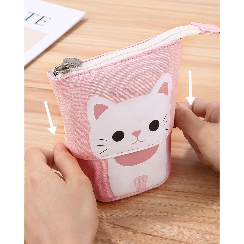 Xespis Pencil Case with Zip, Telescopic Pencil Case, Cat white,