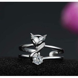Lzz Plated 925 Silver Ring Fox Ring Cute Animal Adjustable Crystal Ring Inlaid White Cubic Zirconia Ring, Zirconia,Platinum,Silver, Cubic Zirconia