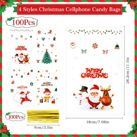 Christmas Cellophane Bags 100 Pcs Christmas Treat Bags Christmas Cellophane Treat Bags Christmas Gift Bags Christmas Candy Bags with Twist Ties Clear Xmas Cello Bags for Gifts Christmas Party Supplies