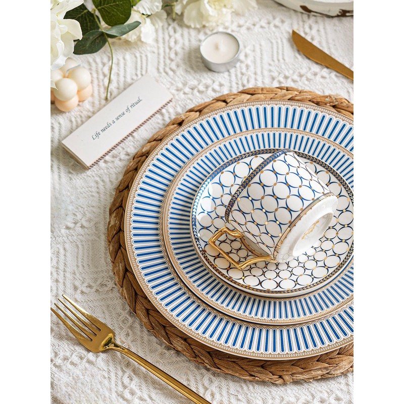 CwlwGO-7 Oz Bone China Blue Tea Cup and Saucer Service