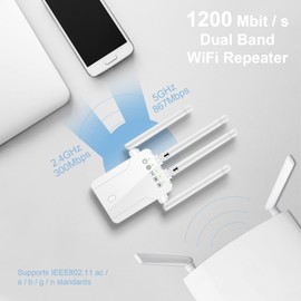 WLAN Verstärker 1200Mbit/s WLAN Repeater 5GHz & 2.4GHz Dualband Signalverstärker, Repeater/Access Point/Client Mode, mit RJ45 Netzwerkkabel,WPS,2 LAN Ports,4 Antennen, Kompatibel zu Allen WLAN Geräten
