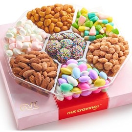 NUT CRAVINGS Gourmet Collection - Easter Candies & Mixed Nuts Gift Basket in Red & Gold Box (7 Assortments, 1 LB) Arrangement Platter, Healthy Corporate