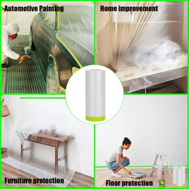 YUNXIHUI Painters Plastic with Tape, Tape and Drape, 4 Rolls Automotive Painters Tape and Plastic Film, Paint Plastic Covering Roll for Covering Skirting, Frames, Cars and Auto Body (55in X 65-Feet)