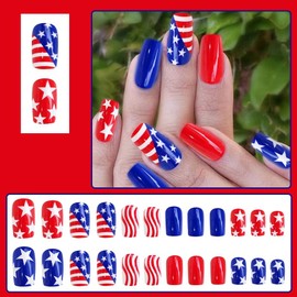 Independence Press on Nails Medium Square Fake Nails Red Blue White Stripe Stick on Nails American Flag Design False Nails 4th of July Patriotic Glue on Nails Five-Pointed Star Acrylic Nails for Women