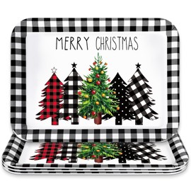 JarThenaAMCS 3Pcs Christmas Serving Trays Black and White Plaid Xmas Tree Platter Rustic Serving Dishes for Holiday Party Sharing Snacks Fruit Dessert Candy