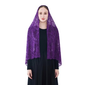 Wgior Elegant Floral Catholic Church Veil, Soft Mantilla Chapel Prayer Scarf Wrap Shawl Headscarf (Purple)
