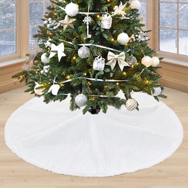 Faux Fur Christmas Tree Skirts 48 Inches White Plush Skirts Large Xmas Tree Mats for Merry Christmas Ornaments Home Party Tree Decorations