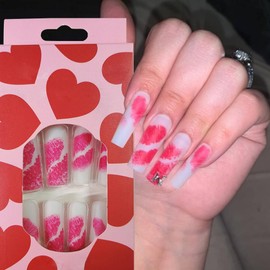 Valentines Press on Nails Long Square Fake Nails with Red Lips Design White False Nails Cute Red Lips Valentines Nails Glossy Full Cover Glue on Nails Winter Spring Stick on Nails for Women 24Pcs