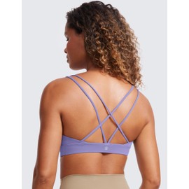 CRZ YOGA Butterluxe V Neck Strappy Sports Bras for Women - Thin Spaghetti Strap Padded Wireless Yoga Crop Top Dark Lavender Purple Medium