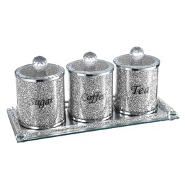 JUXYES Set of 4 Sparky Glass Crushed Diamonds Canisters Set for Sugar Coffee Tea Features Tray, Luxurious Storage Containers Sets with Lids Decorative Storage Pots for Kitchen Counter Dining Room