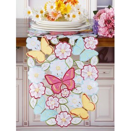 GRANDDECO Easter Spring Table Runner Butterfly Floral Daisy Cutwork Embroidered Flowery Table Linen Home Kitchen Dining Tabletop Decoration (Table Runner 13"×54")