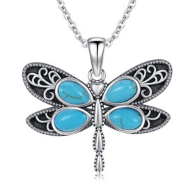 LES OSEWA Dragonfly Necklace 925 Sterling Silver Turquoise Dragonfly Pendant Necklace Boho Jewelry Gifts for Women