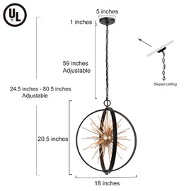 Modern Globe Chandelier, Gold Finished Sputnik Chandelier Light Fixture with Black Metal Frame, 6-Light Mid Century 18" Pendant Light for Dining & Living Room, Bedroom, Foyer, Kitchen Island